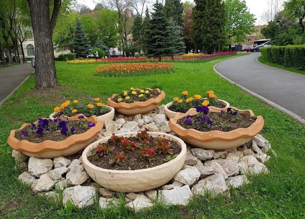 Flowerbeds in stone planters in Brașov's Central Park